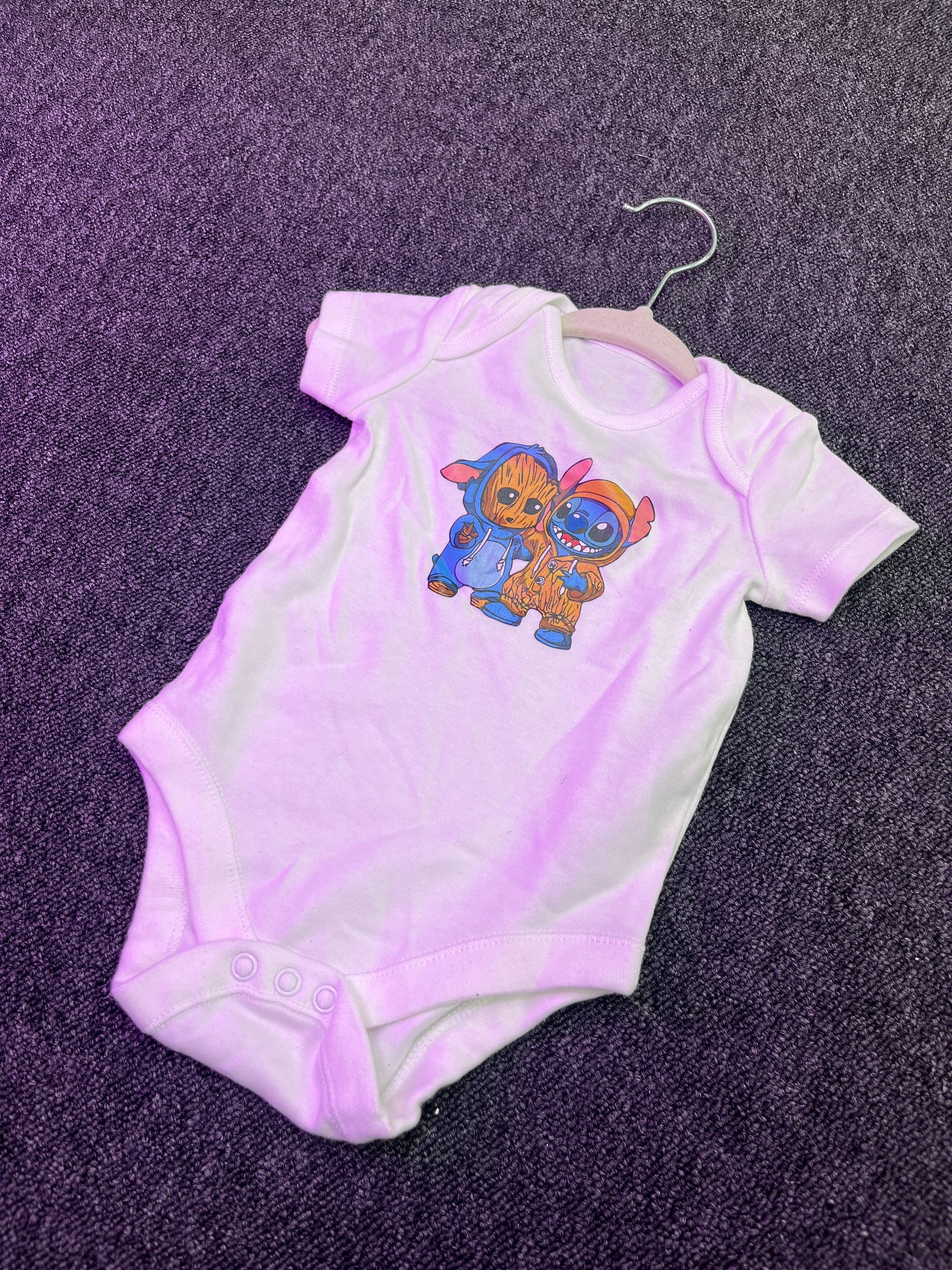 White Baby Grow - Stitch Baby Groot 3-6month