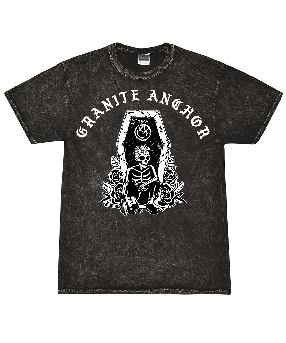 Bleach dye t-shit with Trav from Blink 182 design on the front Granite Anchor Clothinf 