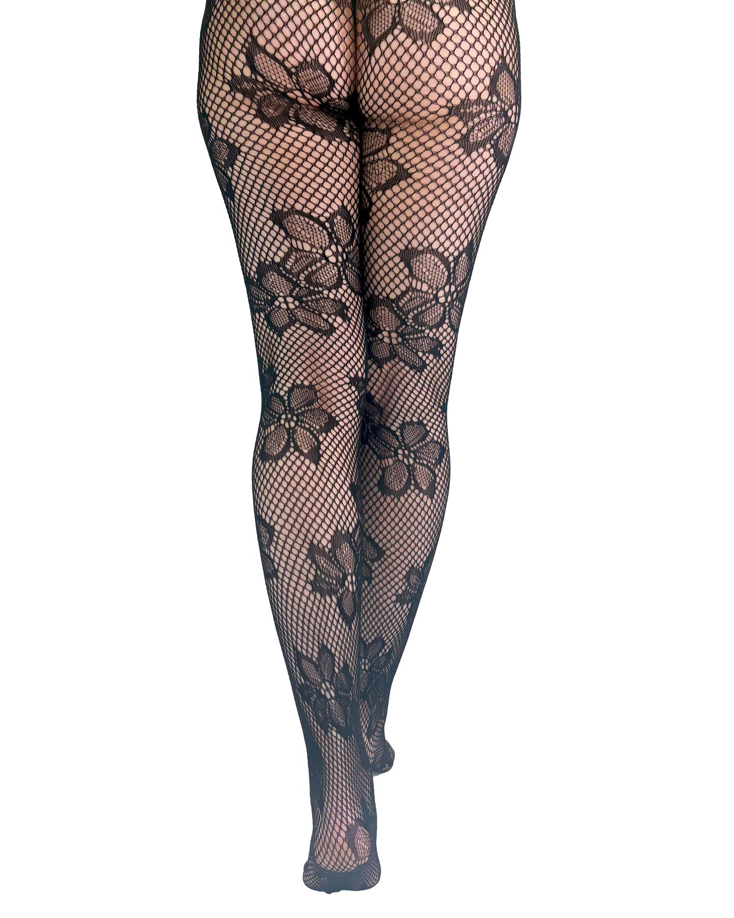 BACK Black fishnet tights with floral lace details on a white background