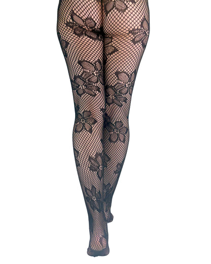 BACK Black fishnet tights with floral lace details on a white background