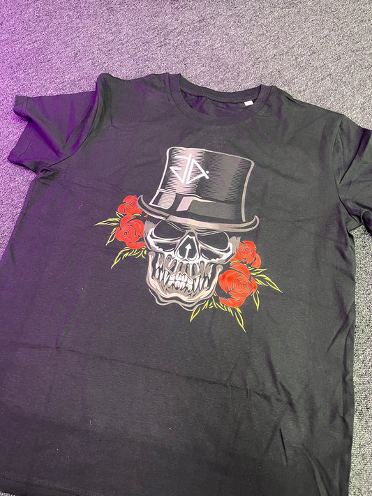 Black Ladies T-Shirt - Slash Skull and Roses Medium